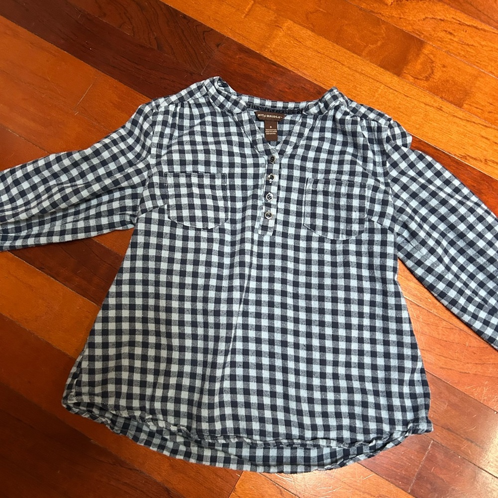 Bit & Bridle Navy and White Plaid shirt small EUC